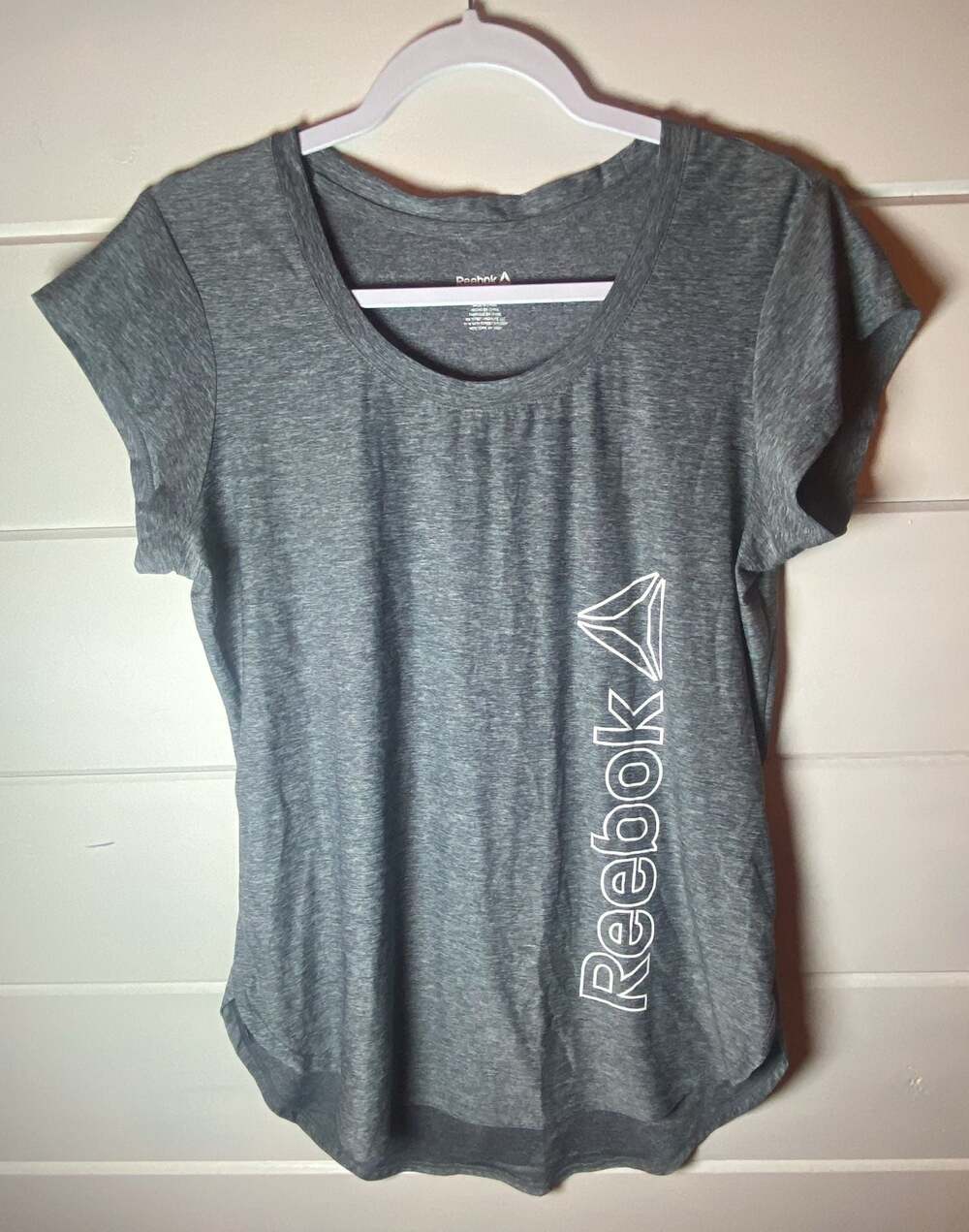 Reebok Women's Gray Heathered Performance Short Sleeve T-Shirt with Large Logo,